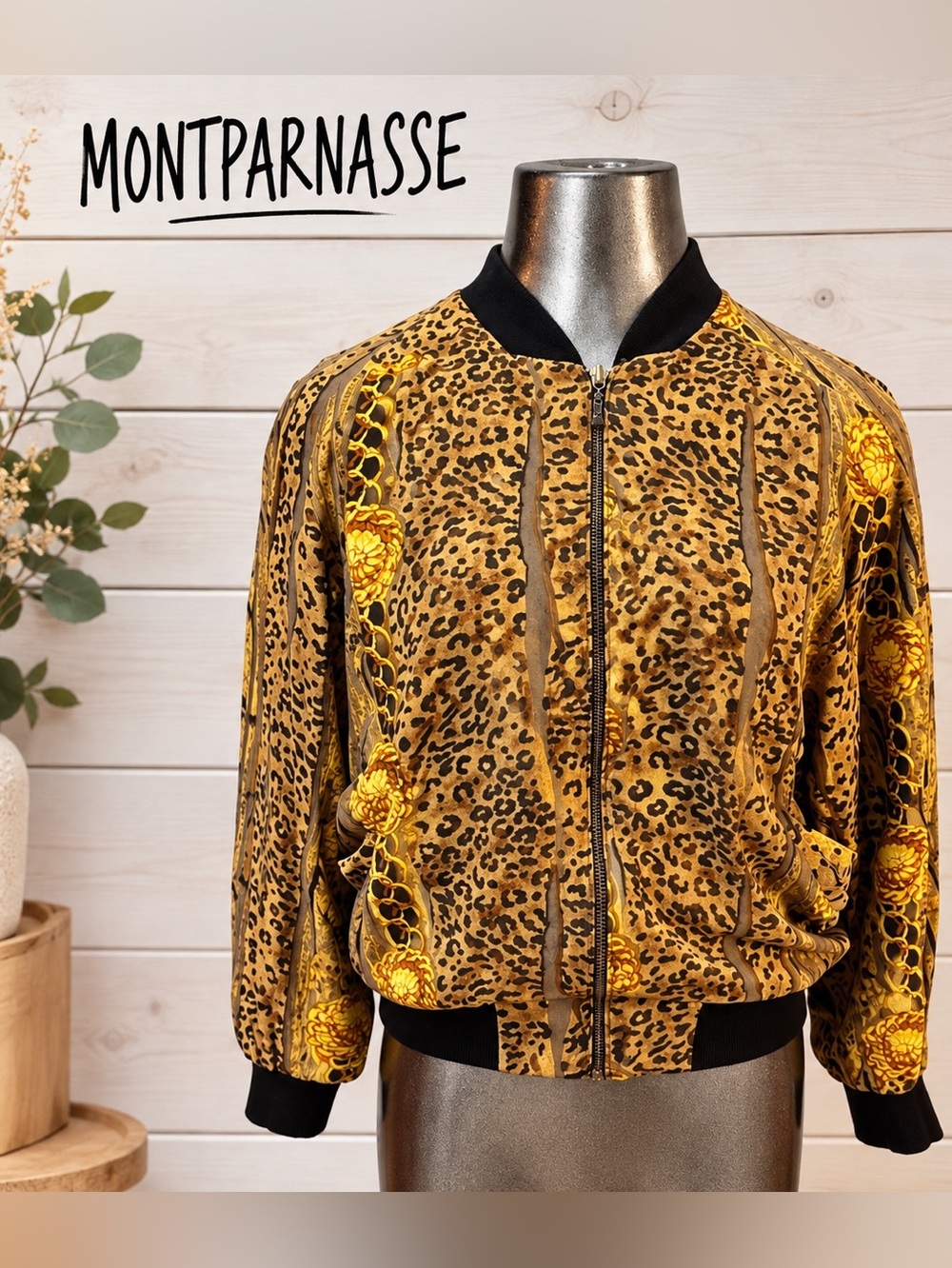 MONTPARNASSE Yellow Black Leopard Print Vintage Bomber Jacket Size S